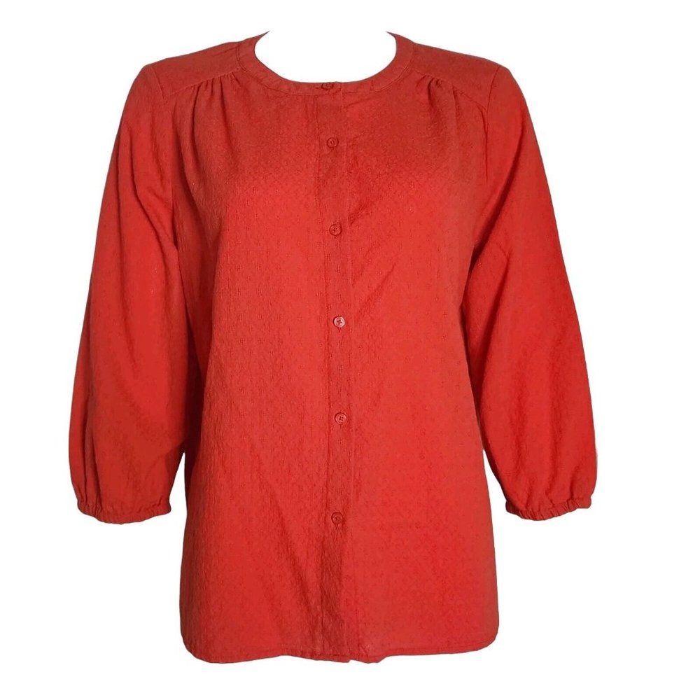 Banana Republic Top Womens M Medium Orange‎ Textured 3/4 Sleeve Button Front